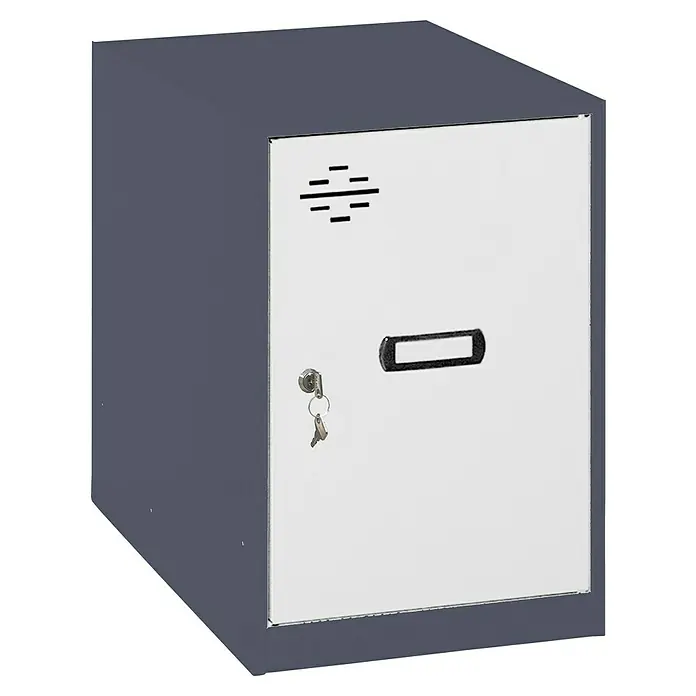 Simonrack Simonlocker Taquilla Mini - L x An x Al: 50 x 30 x 47,5 cm, Número de puertas: 1 ud., Antracita/Blanco - Imagen de un armario de seguridad gris con puerta blanca, cerradura y llave. Ideal para el almacenamiento seguro.