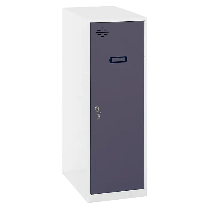 Simonrack Simonlocker Taquilla Mini - L x An x Al: 50 x 30 x 91,5 cm, Número de puertas: 1 ud., Gris/Antracita - Imagen de un armario metálico gris y blanco con cerradura y llave. Ideal para guardar objetos.