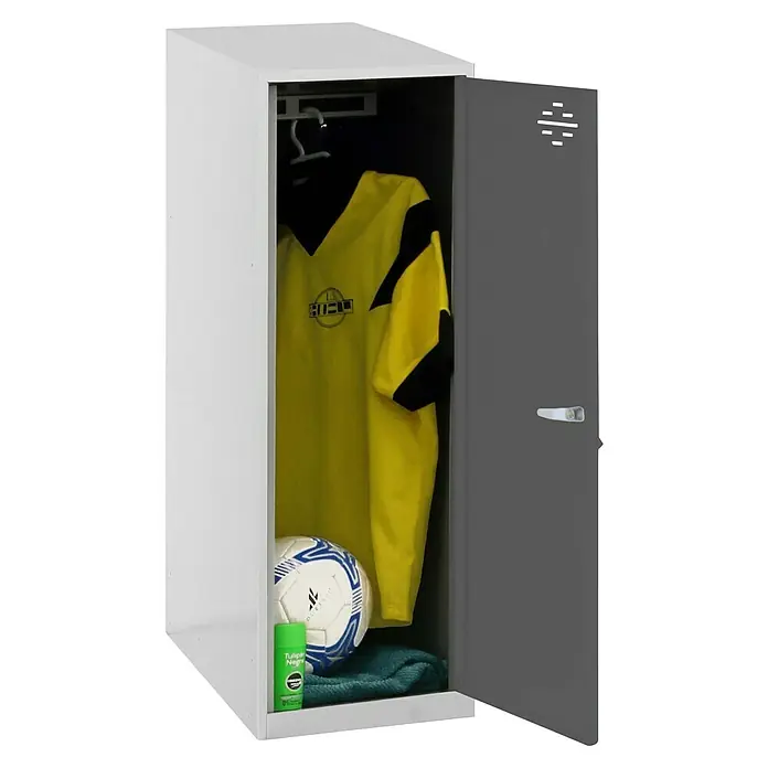 Simonrack Simonlocker Taquilla Mini - L x An x Al: 50 x 30 x 91,5 cm, Número de puertas: 1 ud., Gris/Antracita - Taquilla abierta con balón de fútbol, ​​camiseta amarilla, toalla y desodorante. Ideal para deportistas que quieren guardar su equipo.