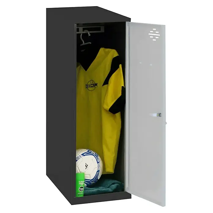 Simonrack Simonlocker Taquilla Mini - L x An x Al: 50 x 30 x 91,5 cm, Número de puertas: 1 ud., Antracita/Gris - Taquilla abierta que muestra una camiseta de fútbol, pelota, toalla y desodorante. Ideal para que los atletas guarden ordenadamente su equipo.