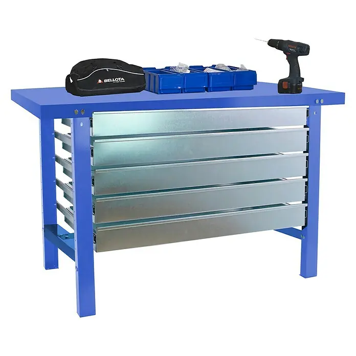 Simonrack Simonwork Werkbank BT6L METAL 5BOX 1500 - L x B: 73 x 150 cm, Arbeitshöhe: 83 cm, Belastbarkeit: 775 kg, Blau - Werkbank mit Schubladen, Werkzeugtasche, Schraubenbehälter und Akkuschrauber für Heimwerker und Profis.