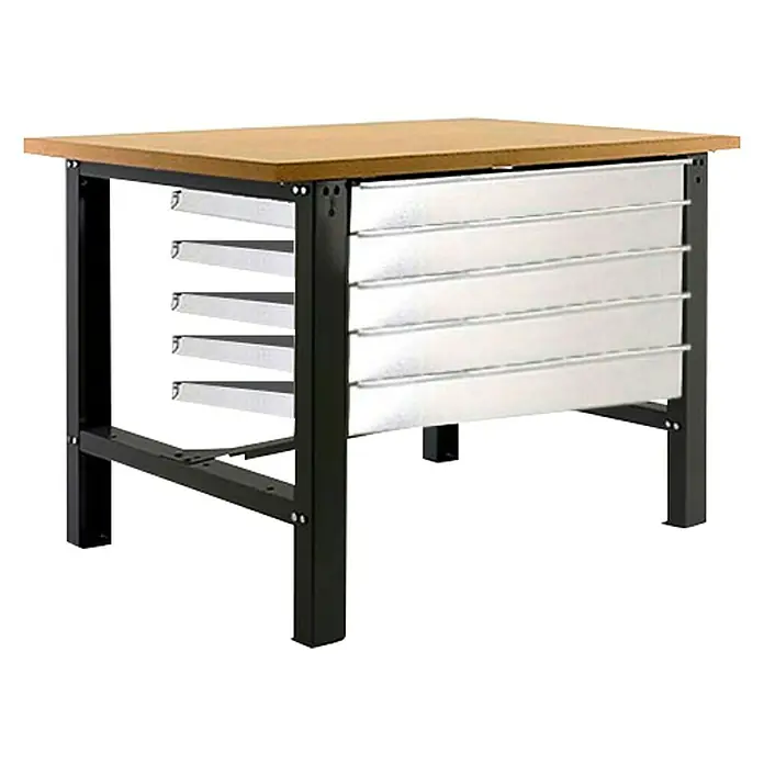 Simonrack Simonwork Werkbank BT6 MDF 5 Box - L x B: 75 x 150 cm, Arbeitshöhe: 86,5 cm, Belastbarkeit: 775 kg, Schwarz - Eine Werkbank mit Holzplatte und schwarzen Metallbeinen mit Schubladen zur Aufbewahrung von Werkzeugen.