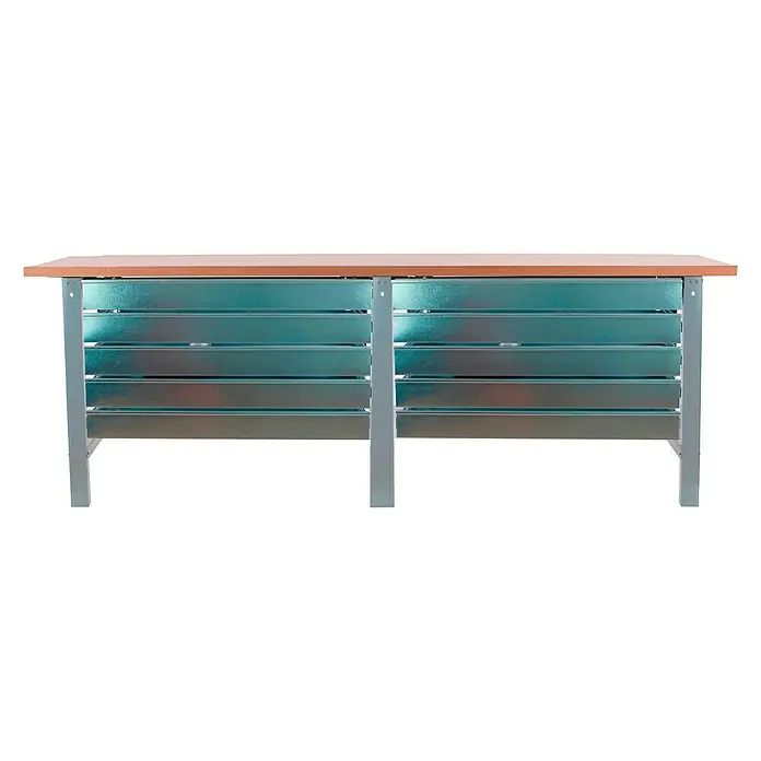 Simonrack Simonwork Banco de trabajo Box Tandem - L x An: 75 x 210 cm, Altura de trabajo: 86,5 cm, Carga soportada: 600 kg, Gris/Madera, Número de cajones: 10 ud. - Banco de trabajo largo con tapa de madera y compartimentos metálicos, ideal para talleres o hobbies. Construcción robusta para uso versátil.