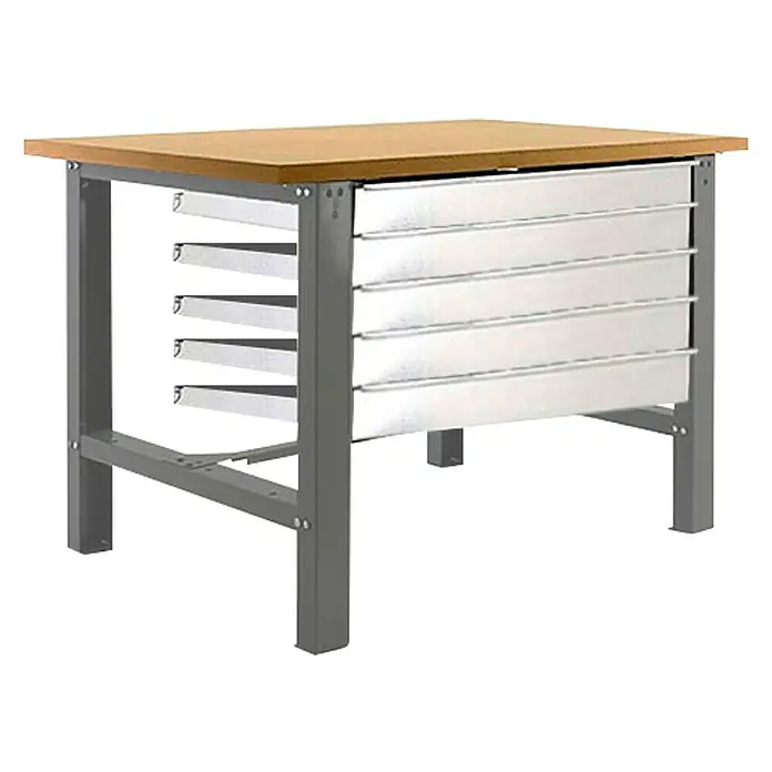 Simonrack Simonwork Werkbank BT6L MDF 5BOX 1500 - L x B: 75 x 150 cm, Arbeitshöhe: 86,5 cm, Belastbarkeit: 775 kg, Grau/Holz - Werkbank mit hellem Holzaufsatz und grauen Metallfüßen. Ideal für Werkstätten oder Hobbyräume, bietet sie viel Stauraum.