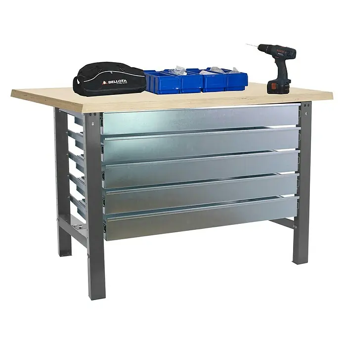 Simonrack Simonwork Werkbank BT6L MDF 5BOX 1500 - L x B: 75 x 150 cm, Arbeitshöhe: 86,5 cm, Belastbarkeit: 775 kg, Grau/Holz - Werkbank mit mehreren Schubladen und Werkzeugen darauf, ideal für Werkstätten und Heimwerker.