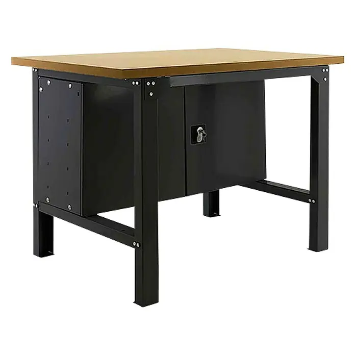 Simonrack Simonwork Werkbank BT6 MDF Cabinet 1200 - L x B: 75 x 120 cm, Arbeitshöhe: 86,5 cm, Belastbarkeit: 600 kg, Schwarz - Abbildung einer Werkbank mit einer hellen Tischplatte und einem schwarzen Schrankteil. Ideal für die Werkstatt.