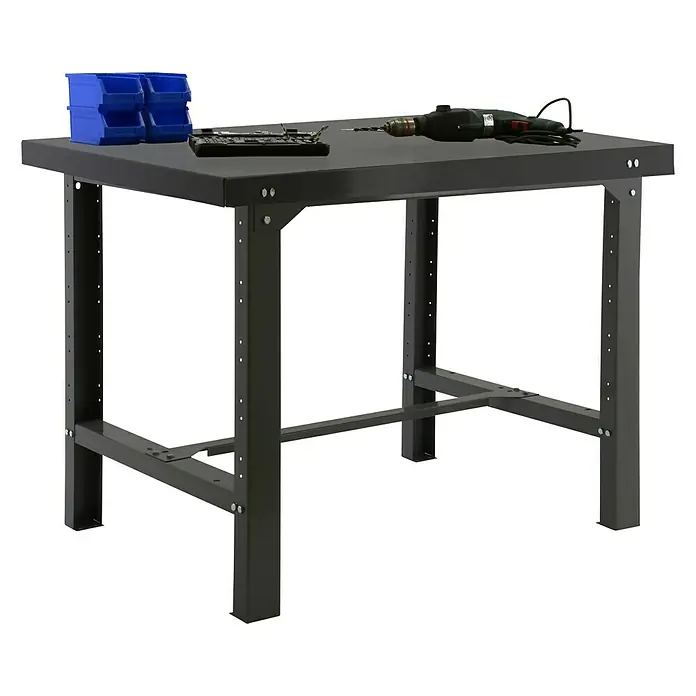 Simonrack Simonwork Werkbank BT6 Metal 1200 - L x B: 73 x 120 cm, Arbeitshöhe: 83 cm, Belastbarkeit: 600 kg, Schwarz - Werkbank mit blauen Behältern, Schraubenschlüssel und Bohrmaschine. Perfekt für die Werkstatt oder Garage, stabil und robust.