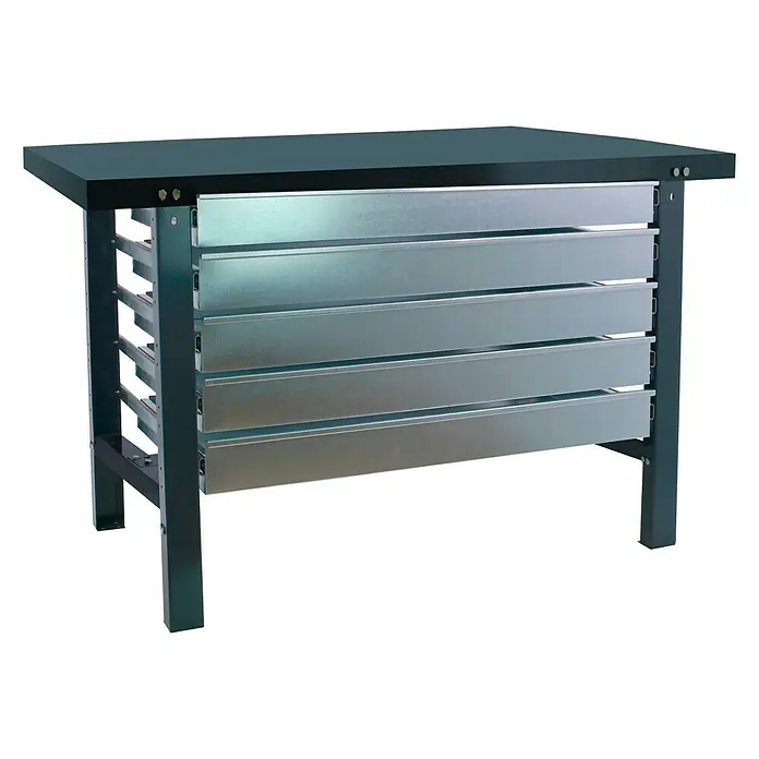 Simonrack Simonwork Werkbank BT6L METAL 5BOX 1500 - L x B: 73 x 150 cm, Arbeitshöhe: 83 cm, Belastbarkeit: 775 kg, Schwarz - Das Bild zeigt eine Werkbank mit einer dunklen Arbeitsplatte und mehreren Schubladen zur Aufbewahrung von Werkzeugen und Materialien.