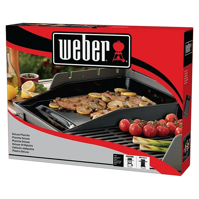 Weber Grillplatte - L x B: 52 x 39 cm - Produktverpackung für die Weber Deluxe Plancha Grillplatte, passend für Spirit Grills. Ideal zum Grillen von empfindlichen Speisen.