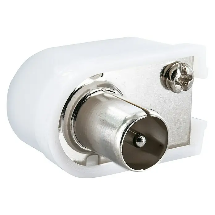 Schwaiger Koax-Winkelstecker - IEC-Winkelstecker 90°, Kunststoff, 1 Stk. - Nahaufnahme eines weißen Antennensteckers mit Metallanschluss und Schraube für sichere Kabelverbindungen.