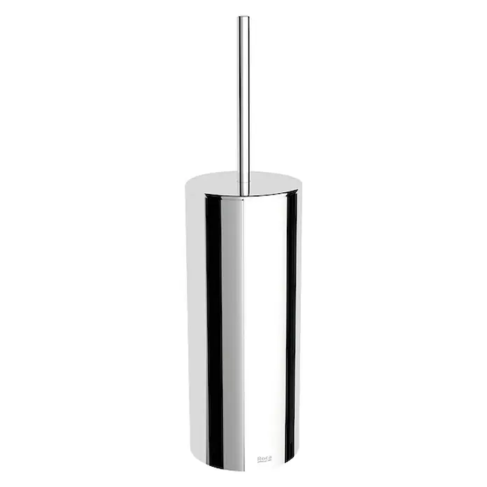 Roca Victoria Escobillero de suelo - Cromo, Resplandeciente - Un portaescobillas de baño plateado pulido con un mango largo y delgado, ideal para cualquier baño moderno. El producto tiene un diseño estético sencillo.