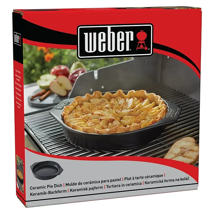 Weber Backform - Keramik - Bild einer Verpackung für eine Weber Keramik-Backform mit Apfelkuchen.