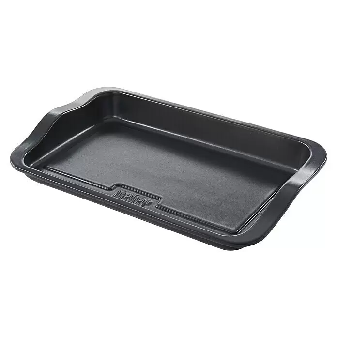 Weber Plancha para barbacoa - L x An: 26,9 x 43,9 cm - Bandeja de horno antiadherente negra con asas moldeadas y marca 'weber'.