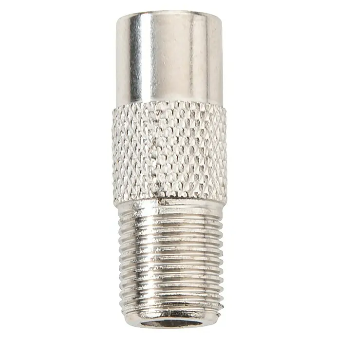 Schwaiger Koax-Adapter - F-Buchse, IEC-Stecker, 1 Stk. - Nahaufnahme eines F-Steckers, einem Koaxialkabelverbinder, der in der TV- und Satellitentechnik verwendet wird. Silbernes Metall mit Gewinde.
