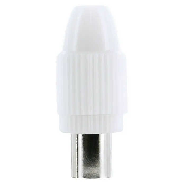 Schwaiger Koax-Stecker - IEC-Stecker, Kunststoff, Schraubbare Innenleiter, 4 Stk. - Nahaufnahme eines weißen, kompressions-F-Steckers. Das Metallteil am Ende sorgt für eine stabile Verbindung für Koaxialkabel.