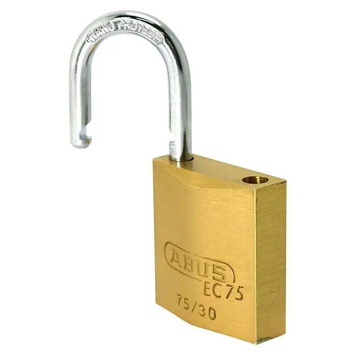 Abus Vorhängeschloss Lock-Tag 75/30 - B x H: 30 x 54 mm, Bügelstärke: 5 mm, Sicherheitsstufe: 5 - Ein offenes, messingfarbenes ABUS EC75 75/30 Vorhängeschloss mit silberfarbenem Nano Protect Bügel.