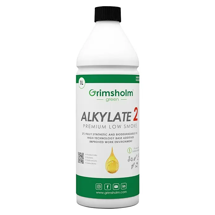 Grimsholm Green Mischkraftstoff-Zweitaktmotor für Rasenmäher Alkylat 2 - 1 l, Passend für: 2-Takt-Benzinmotoren - Produktbild einer Flasche Grimsholm Green Alkylat 2 Öl, ein hochwertiges, raucharmes Öl für Zweitaktmotoren mit verbesserter Arbeitsumgebung.