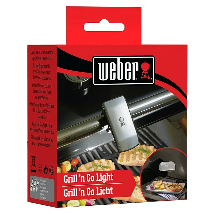 Weber Grifflicht - Passend für: Weber Gasgrills Genesis II / Spirit II / Genesis, Spirit & Summit - Serie (ab Baujahr 2007) - Das Bild zeigt die Verpackung der Weber Grill 'n Go Light, einer abnehmbaren Grillleuchte, die zusätzliches Licht spendet.