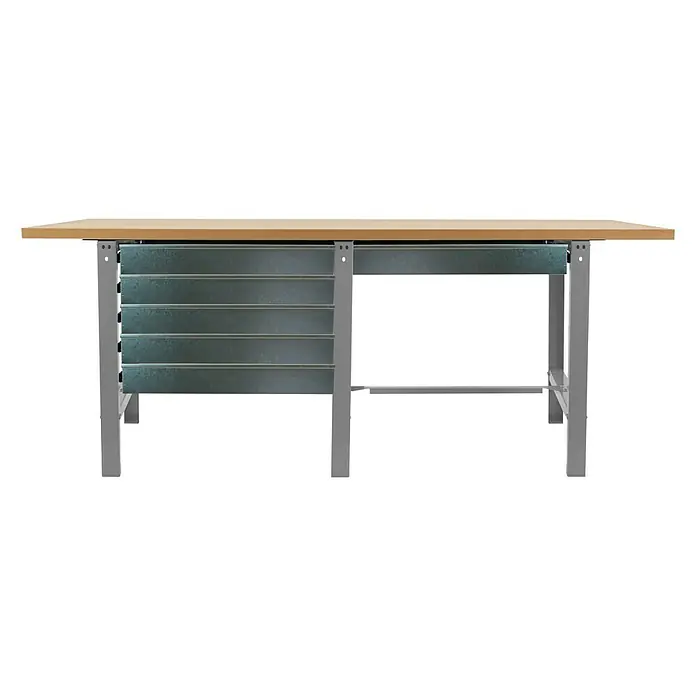 Simonrack Simonwork Banco de trabajo Box Tandem - L x An: 75 x 210 cm, Altura de trabajo: 86,5 cm, Carga soportada: 600 kg, Gris/Madera, Número de cajones: 6 ud. - Banco de trabajo con tapa de madera y cajones. El banco de trabajo ofrece mucho espacio de almacenamiento y una superficie de trabajo robusta.