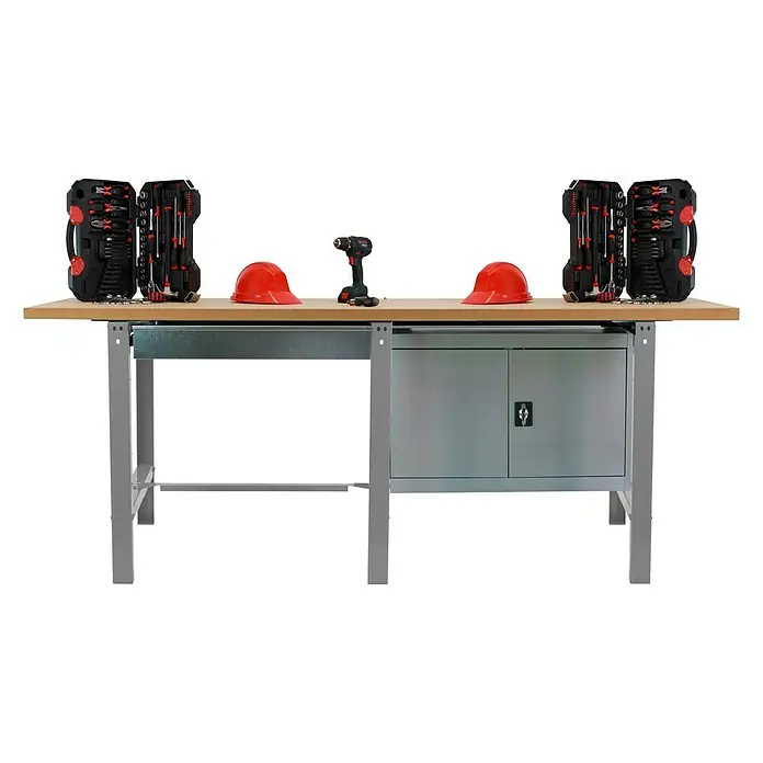 Simonrack Simonwork Banco de trabajo BT6 Box Tandem Cabinet - L x An: 75 x 210 cm, Altura de trabajo: 86,5 cm, Carga soportada: 600 kg, Gris/Madera - Banco de trabajo con cajas de herramientas, taladro y cascos. Un espacio práctico para artesanos y aficionados al bricolaje.