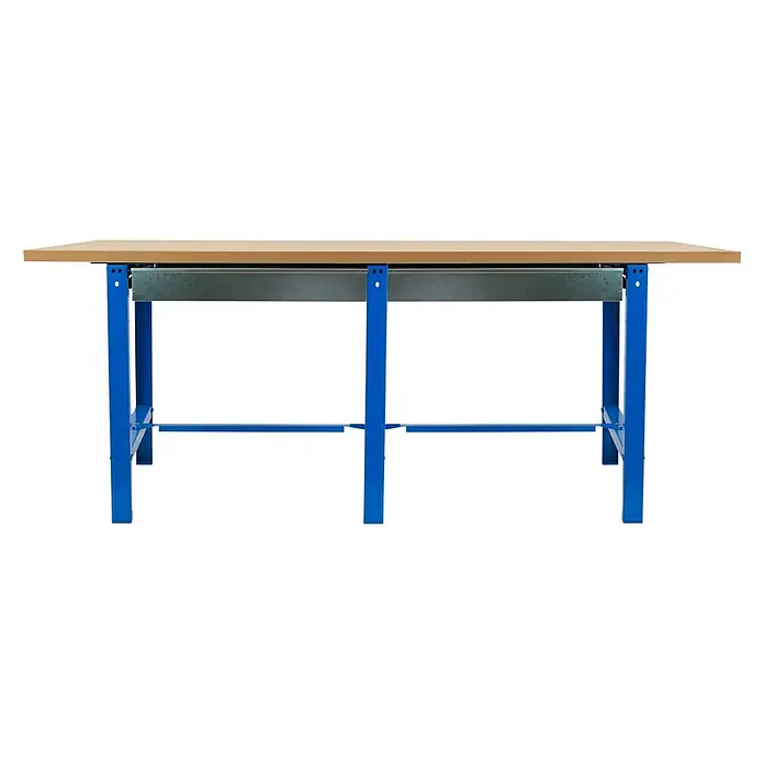 Simonrack Simonwork Banco de trabajo BT6 Box - L x An: 75 x 210 cm, Altura de trabajo: 86,5 cm, Carga soportada: 600 kg, Azul - Este robusto banco de trabajo cuenta con patas azules y una tapa de madera clara, ofreciendo una superficie de trabajo estable para diversos proyectos.