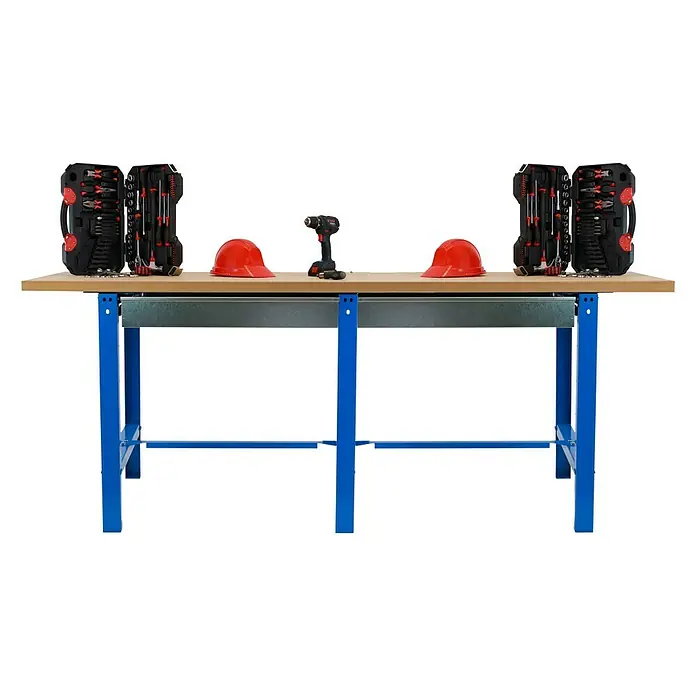 Simonrack Simonwork Banco de trabajo BT6 Box - L x An: 75 x 210 cm, Altura de trabajo: 86,5 cm, Carga soportada: 600 kg, Azul - Banco de trabajo con maletines de herramientas, taladro y cascos de seguridad, ideal para artesanos y aficionados al bricolaje.