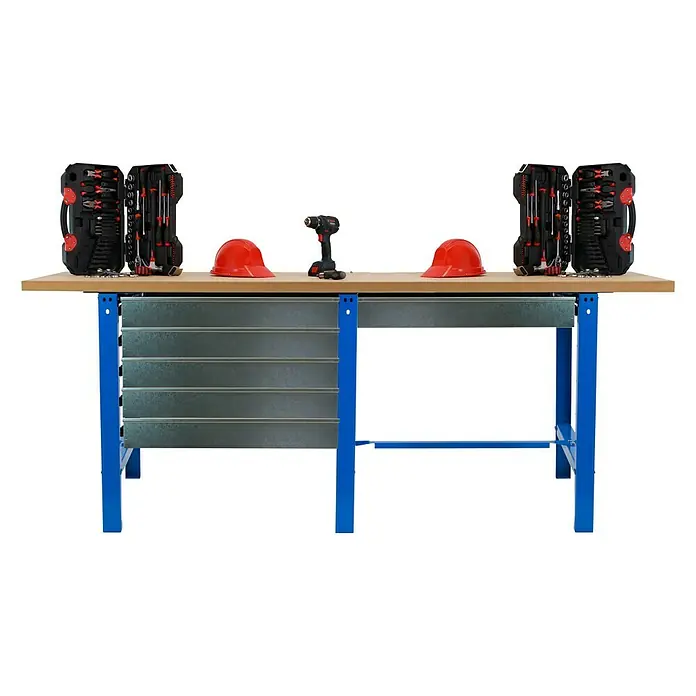 Simonrack Simonwork Banco de trabajo Box Tandem - L x An: 75 x 210 cm, Altura de trabajo: 86,5 cm, Carga soportada: 600 kg, Azul/Madera, Número de cajones: 6 ud. - Banco de trabajo con cajas de herramientas, taladro y cascos de seguridad. Ideal para aficionados y profesionales.