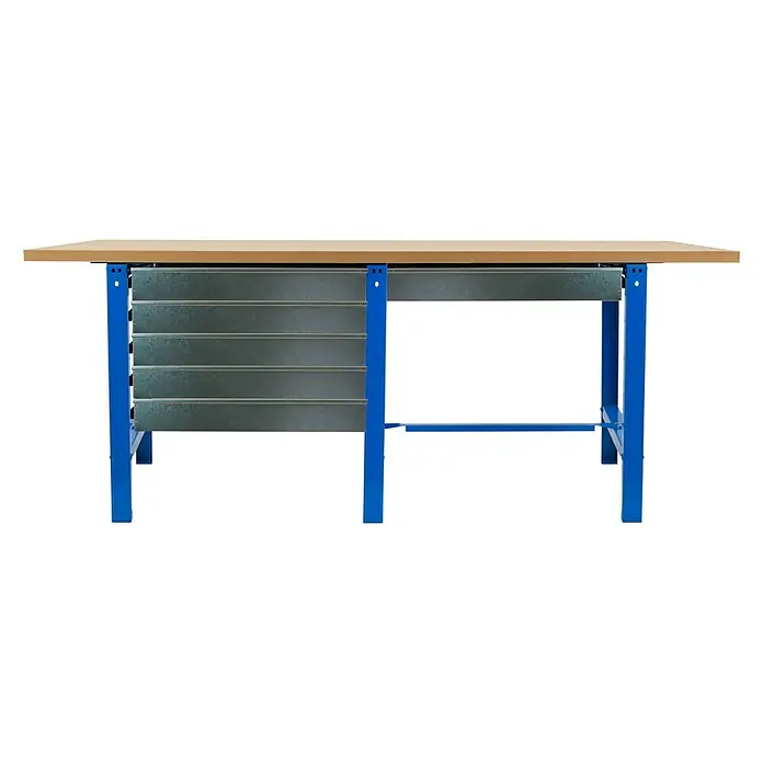Simonrack Simonwork Banco de trabajo Box Tandem - L x An: 75 x 210 cm, Altura de trabajo: 86,5 cm, Carga soportada: 600 kg, Azul/Madera, Número de cajones: 6 ud. - Banco de trabajo con tablero de madera y patas metálicas azules, ideal para talleres y salas de ocio. Cajones prácticos para herramientas.