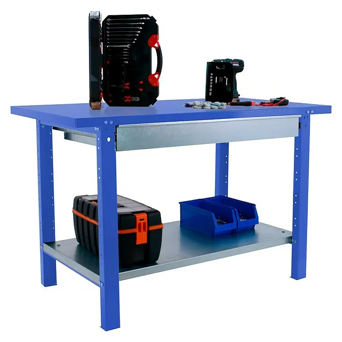 Simonrack Simonwork Werkbank BT6L PRO METAL 1BOX 1500 - L x B: 73 x 150 cm, Arbeitshöhe: 83 cm, Belastbarkeit: 1.035 kg, Blau - Werkbank mit Werkzeugen, Werkzeugkasten und Schraubenbehälter für vielseitige Projekte. Der robuste Tisch bietet viel Stauraum.