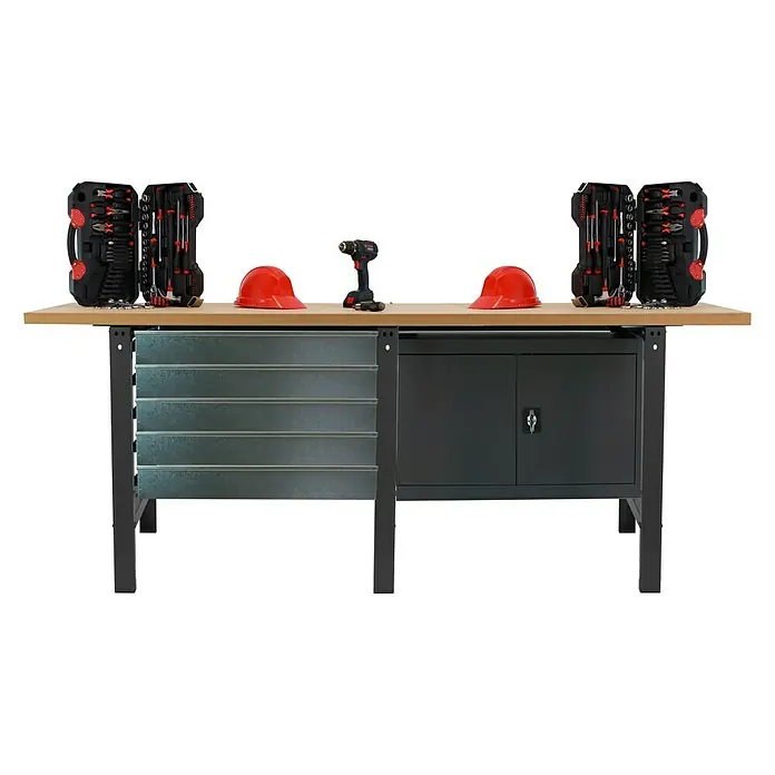 Simonrack Simonwork Banco de trabajo Box Cabinet - L x An: 75 x 210 cm, Altura de trabajo: 86,5 cm, Carga soportada: 600 kg, Antracita - Banco de trabajo con cajas de herramientas, casco rojo y taladro para amantes del bricolaje.