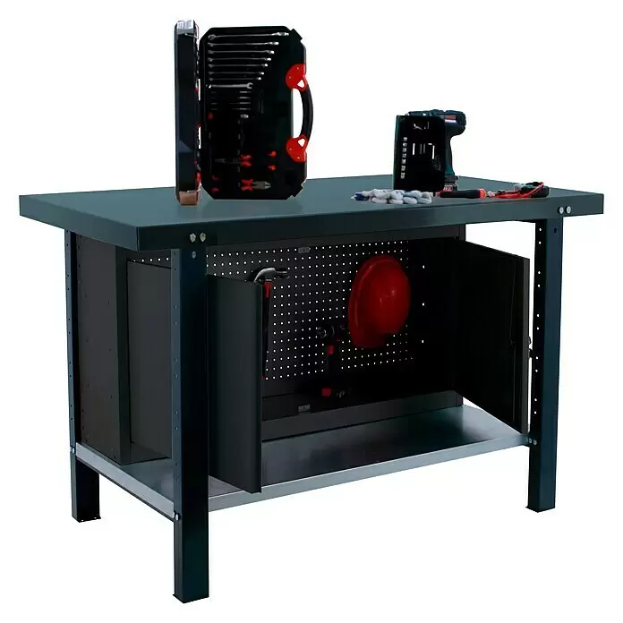 Simonrack Simonwork Werkbank BT6 PRO METAL CABINET 1200 - L x B: 73 x 120 cm, Arbeitshöhe: 83 cm, Belastbarkeit: 1.000 kg, Schwarz - Diagonale Ansicht