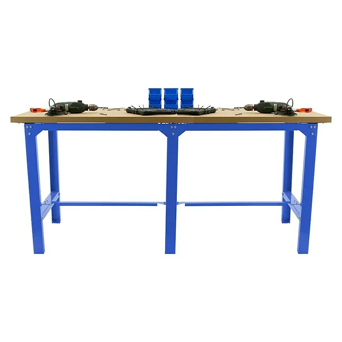 Simonrack Simonwork Banco de trabajo BT6 Tandem - L x An: 210 x 75 cm, Altura de trabajo: 86,5 cm, Carga soportada: 600 kg, Azul/Madera - Banco de trabajo con estructura azul y herramientas. Ideal para aficionados y profesionales.