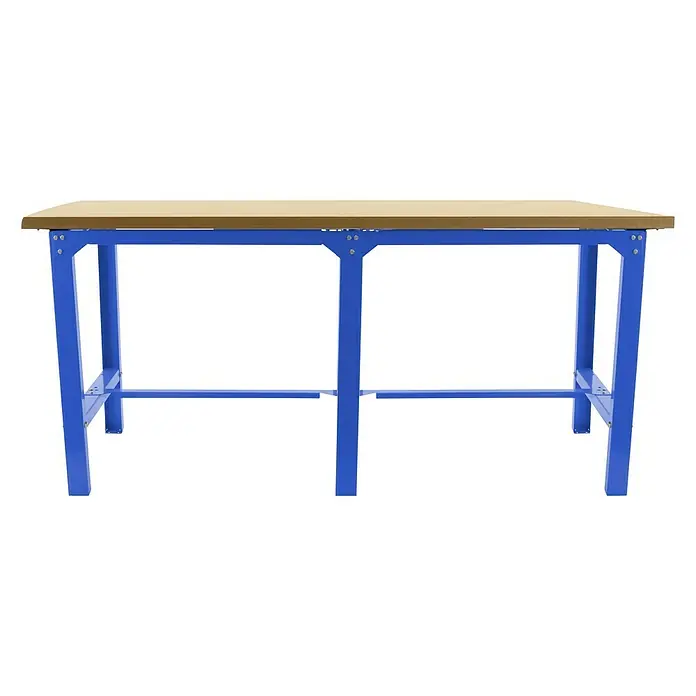 Simonrack Simonwork Banco de trabajo BT6 Tandem - L x An: 210 x 75 cm, Altura de trabajo: 86,5 cm, Carga soportada: 600 kg, Azul/Madera - Vista de producto de un robusto banco de trabajo con patas azules y tablero de madera clara sobre un fondo negro.