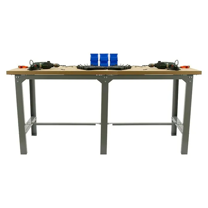 Simonrack Simonwork Banco de trabajo BT6 Tandem - L x An: 210 x 75 cm, Altura de trabajo: 86,5 cm, Carga soportada: 600 kg, Gris/Madera - Banco de trabajo robusto con herramientas y contenedores azules para artesanos. Práctico puesto de trabajo para taller o sala de hobbies.