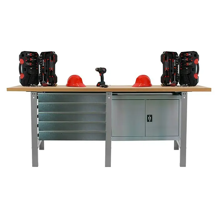 Simonrack Simonwork Banco de trabajo Box Cabinet - L x An: 75 x 210 cm, Altura de trabajo: 86,5 cm, Carga soportada: 600 kg, Gris - Banco de trabajo con cajas de herramientas, taladro y cascos de seguridad.