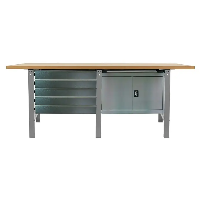 Simonrack Simonwork Banco de trabajo Box Cabinet - L x An: 75 x 210 cm, Altura de trabajo: 86,5 cm, Carga soportada: 600 kg, Gris - Banco de trabajo con cajones y armario. El banco cuenta con una robusta encimera de madera y una estructura metálica resistente.