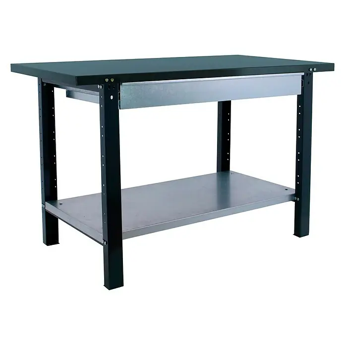 Simonrack Simonwork Werkbank BT6 PRO METAL 1BOX 1200 - L x B: 73 x 120 cm, Arbeitshöhe: 83 cm, Belastbarkeit: 1.035 kg, Schwarz - Der robuste Werktisch mit schwarzem Rahmen und grauer Arbeitsfläche bietet eine stabile Arbeitsumgebung. Ideal für Werkstätten und Hobbyräume.