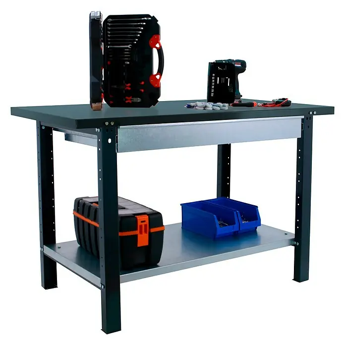 Simonrack Simonwork Werkbank BT6 PRO METAL 1BOX 1200 - L x B: 73 x 120 cm, Arbeitshöhe: 83 cm, Belastbarkeit: 1.035 kg, Schwarz - Werkbank mit Werkzeugkasten, Bohrmaschine und Schraubenzieher. Perfekt für jede Werkstatt oder Garage, bietet viel Stauraum und Arbeitsfläche.