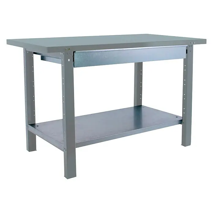 Simonrack Simonwork Werkbank BT6L PRO METAL 1BOX 1500 - L x B: 73 x 150 cm, Arbeitshöhe: 83 cm, Belastbarkeit: 1.035 kg, Grau - Dieser graue Werkstatttisch aus Metall bietet eine robuste Arbeitsfläche und zusätzlichen Stauraum mit einer Schublade und einem Regal.