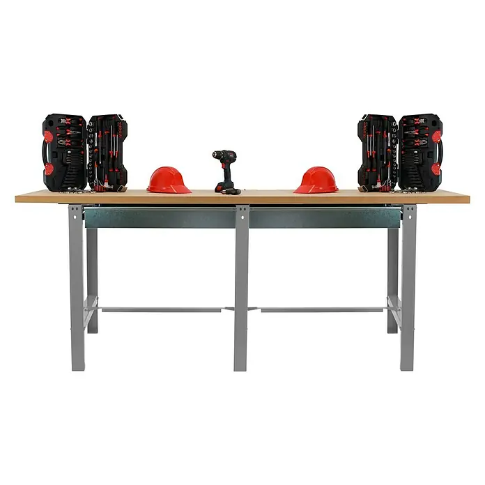 Simonrack Simonwork Banco de trabajo BT6 Box - L x An: 75 x 210 cm, Altura de trabajo: 86,5 cm, Carga soportada: 600 kg, Gris - Configuración de taller: Banco de trabajo con cajas de herramientas, cascos rojos y taladro inalámbrico, ideal para aficionados y profesionales.
