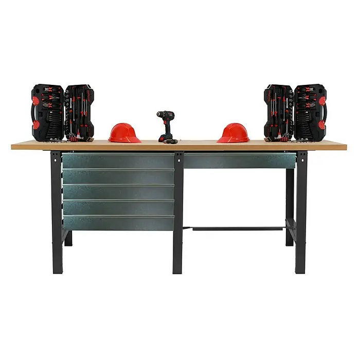 Simonrack Simonwork Banco de trabajo Box Tandem - L x An: 75 x 210 cm, Altura de trabajo: 86,5 cm, Carga soportada: 600 kg, Antracita/Madera, Número de cajones: 6 ud. - Banco de trabajo con maletines de herramientas, taladro y cascos de seguridad rojos. Ideal para bricolaje.