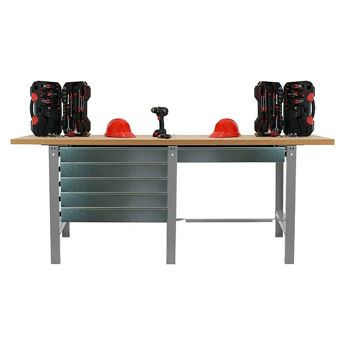 Simonrack Simonwork Banco de trabajo Box Tandem - L x An: 75 x 210 cm, Altura de trabajo: 86,5 cm, Carga soportada: 600 kg, Gris/Madera, Número de cajones: 6 ud. - Banco de trabajo con cajas de herramientas, taladro y cascos, ideal para aficionados al bricolaje y profesionales. Superficie robusta para proyectos.