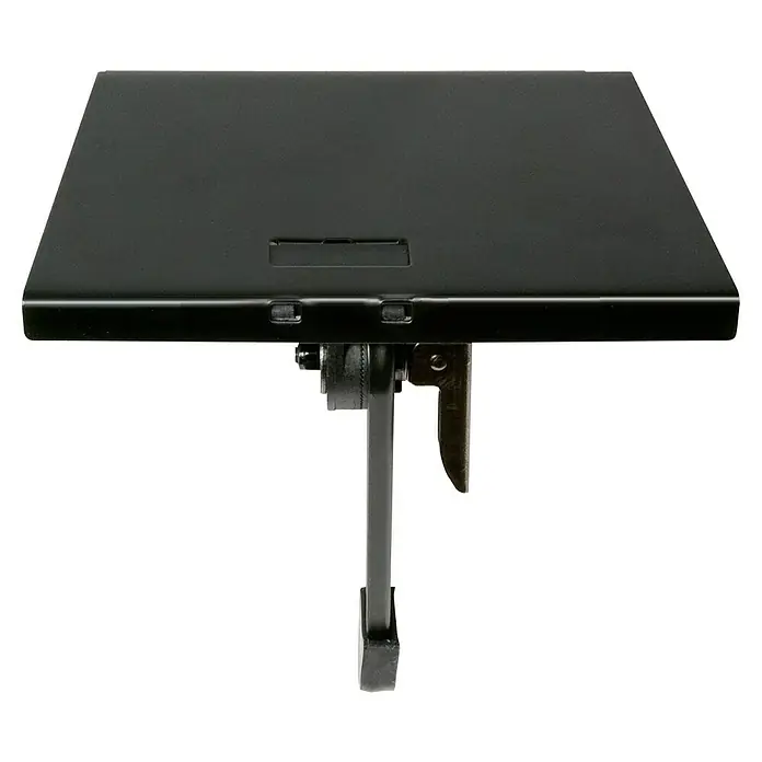 Schwaiger Ablagekonsole TV-Ablagesystem 2x 6" - Metall, Belastbarkeit: 6 kg - Nahaufnahme einer schwarzen, rechteckigen Metalltischplatte mit einem darunter montierten Verriegelungsmechanismus, isoliert auf Schwarz.