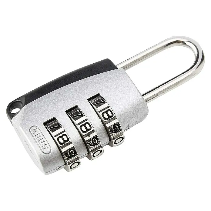 Abus Vorhängezahlenschloss - Breite: 25 mm, Bügelstärke: 3 mm, Sicherheitsstufe: Grad 3 - Ein silberfarbenes ABUS Zahlenschloss mit drei Rädern, das auf den Zahlen 7, 8 und 9 eingestellt ist, mit einem schwarzen Gehäuse.