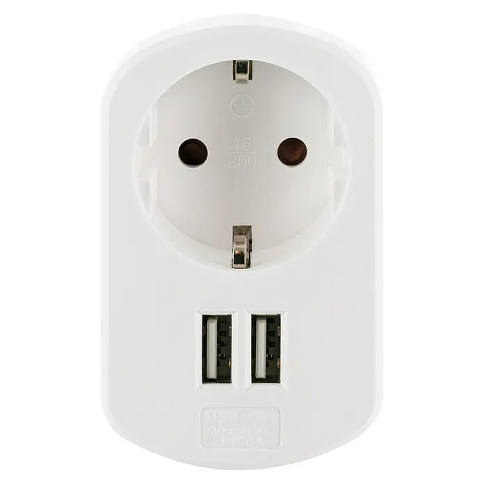 Schwaiger USB-Ladeadapter - USB-A-Buchse (2 Stk.), Eingangsspannung: 230 V - 250 V - Nahaufnahme einer weißen Steckdose mit zwei USB-Anschlüssen, ideal für das gleichzeitige Laden von Geräten.