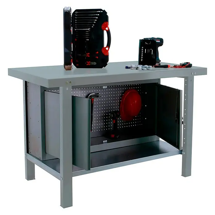 Simonrack Simonwork Werkbank BT6L PRO METAL CABINET 1500 - L x B: 73 x 150 cm, Arbeitshöhe: 83 cm, Belastbarkeit: 700 kg, Grau - Werkbank mit Werkzeugkasten und diversem Werkzeug, ideal für Werkstätten und Hobbyräume. Robuste Konstruktion für vielseitige Arbeiten.