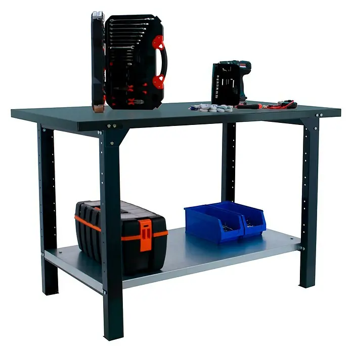 Simonrack Simonwork Werkbank BT6L PRO METAL 1800 - L x B: 73 x 180 cm, Arbeitshöhe: 83 cm, Belastbarkeit: 1.000 kg, Schwarz - Werkbank mit Werkzeug und Zubehör.