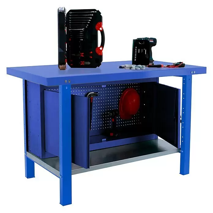 Simonrack Simonwork Werkbank BT6L PRO METAL CABINET 1800 - L x B: 73 x 180 cm, Arbeitshöhe: 83 cm, Belastbarkeit: 700 kg, Blau - Diagonale Ansicht
