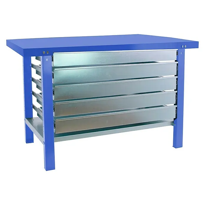 Simonrack Simonwork Banco de trabajo BT6 PRO Box Metal - L x An: 73 x 120 cm, Altura de trabajo: 83 cm, Carga soportada: 600 kg, Azul - Mesa de trabajo azul con múltiples cajones. La mesa proporciona amplio espacio de almacenamiento para herramientas.