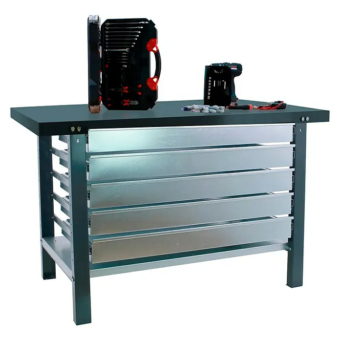 Simonrack Simonwork Banco de trabajo BT6 PRO Box Metal - L x An: 73 x 120 cm, Altura de trabajo: 83 cm, Carga soportada: 600 kg, Antracita - Banco de trabajo con caja de herramientas y taladro inalámbrico para profesionales. Ideal para taller y garaje.